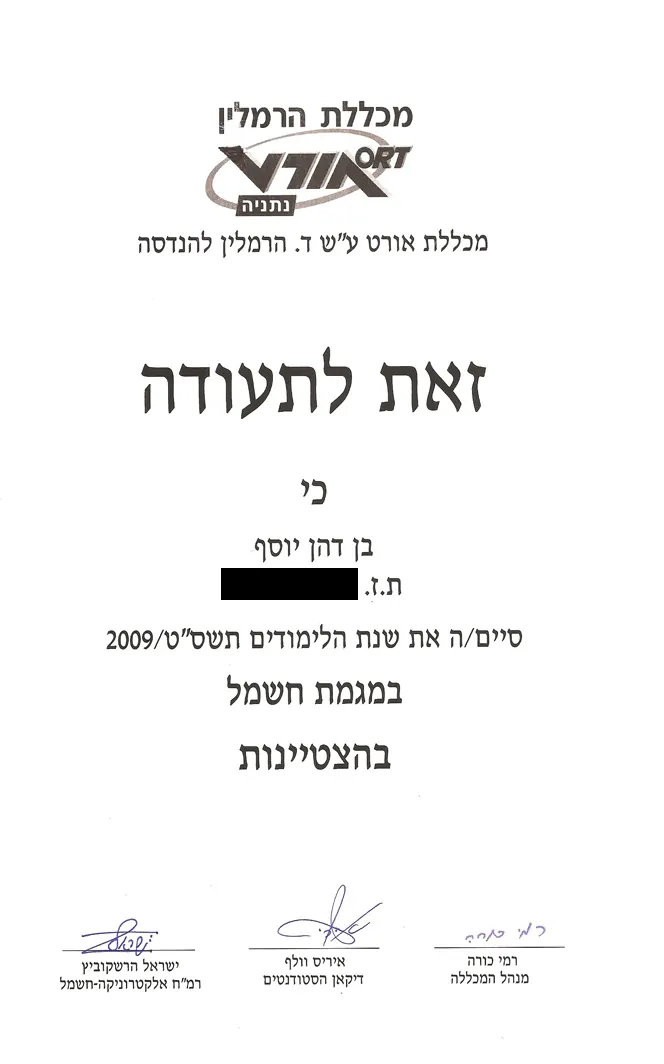 סיום לימודים במגמת חשמל בהצטיינות